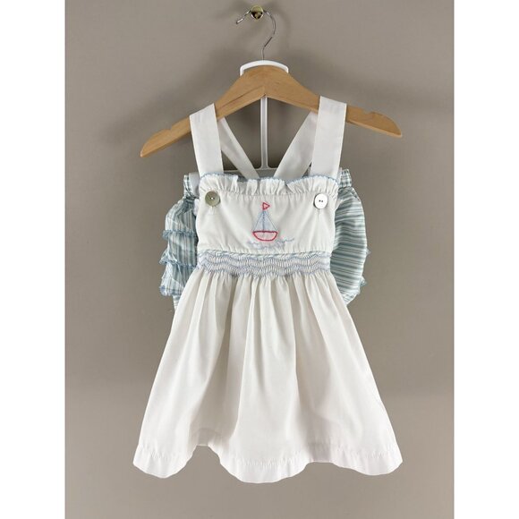 Shrimp & Grits Kids "Ocracobe" Blue White Smocked Sailboat 2 Piece Outfit 2T - Picture 1 of 4
